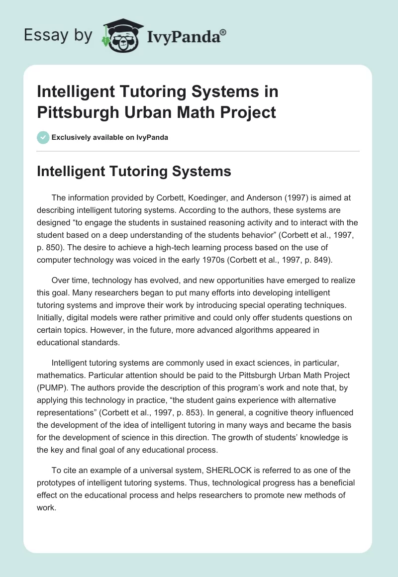 Intelligent Tutoring Systems in Pittsburgh Urban Math Project. Page 1