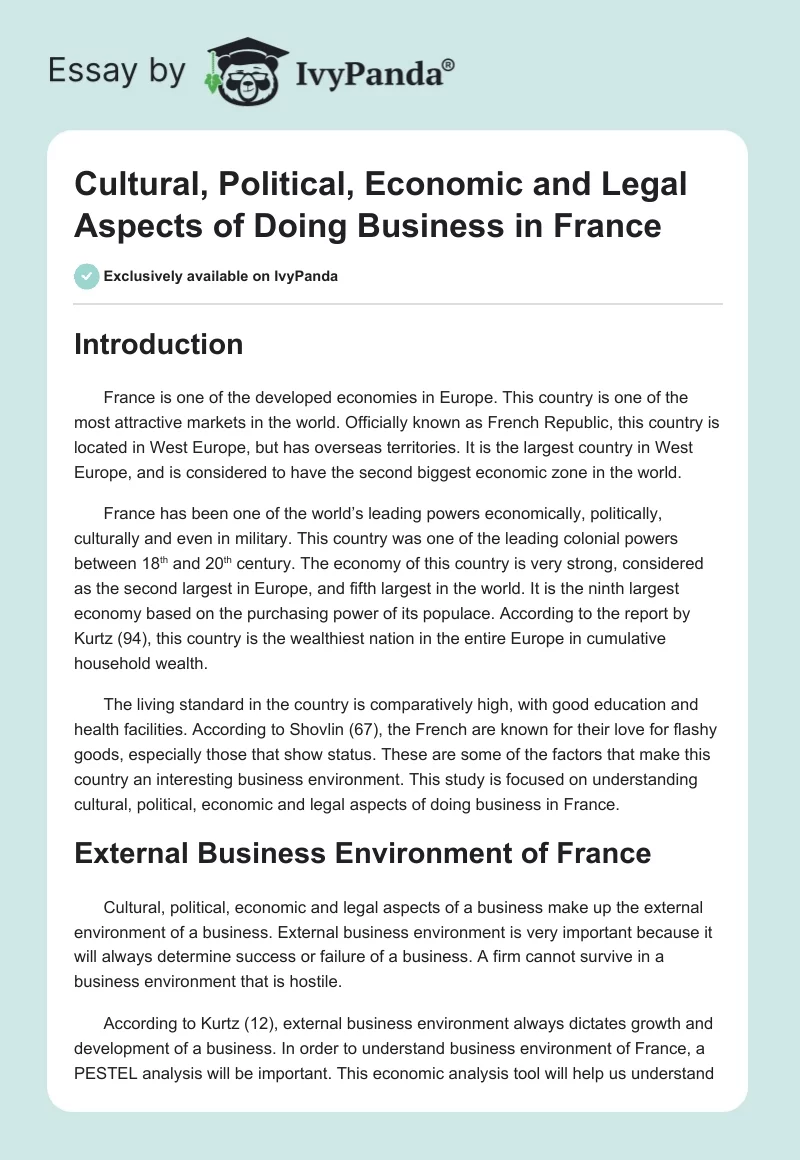 Cultural, Political, Economic and Legal Aspects of Doing Business in France. Page 1