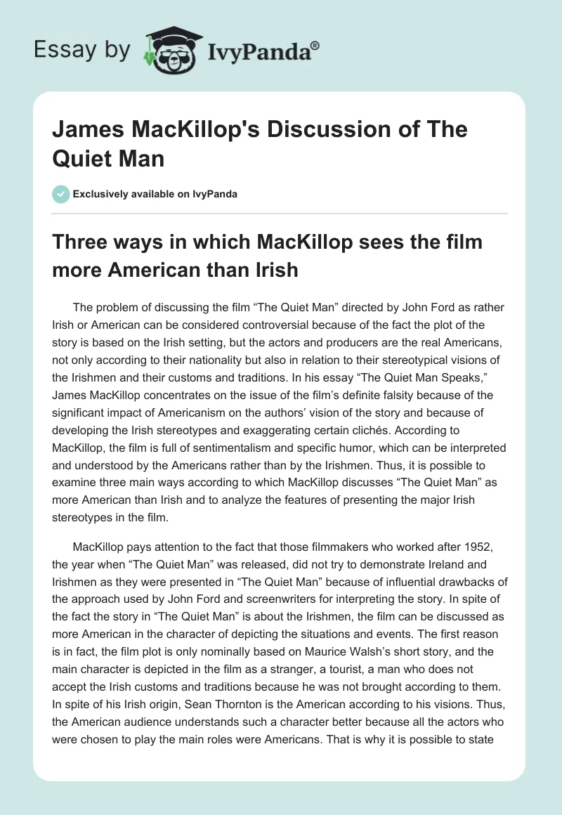 James MacKillop's Discussion of "The Quiet Man". Page 1