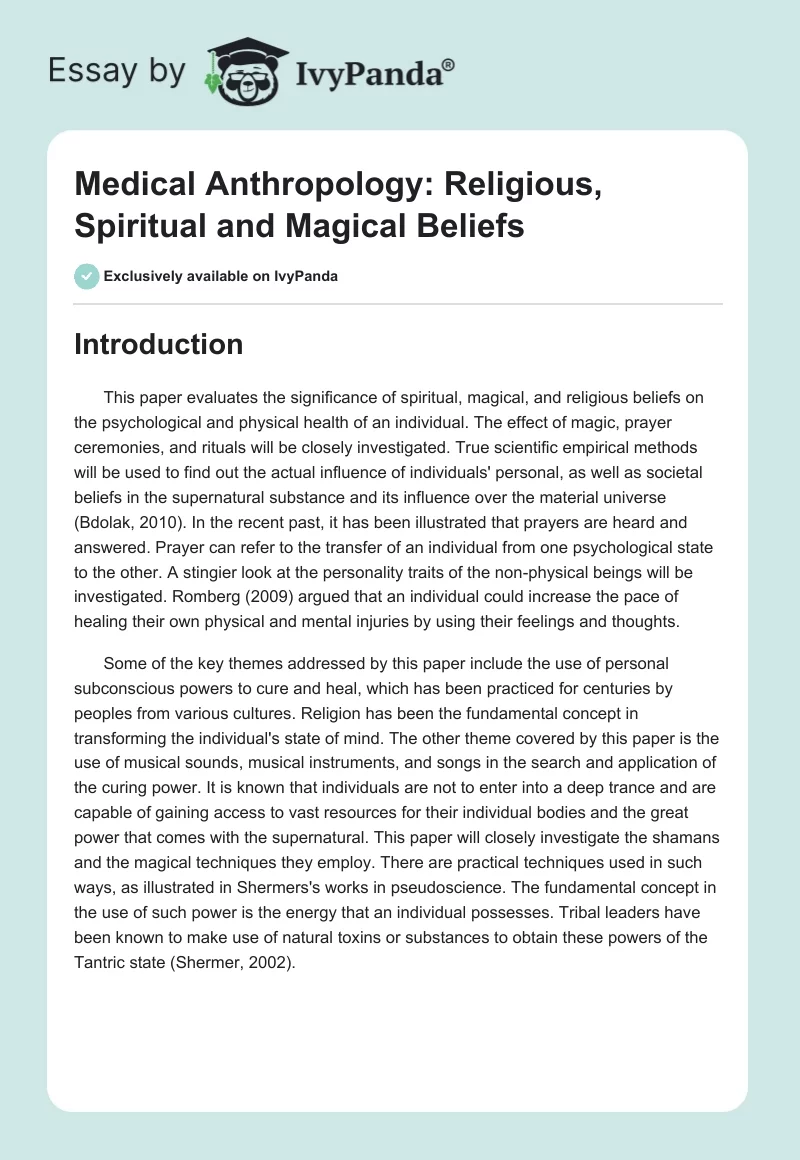 Medical Anthropology: Religious, Spiritual and Magical Beliefs. Page 1