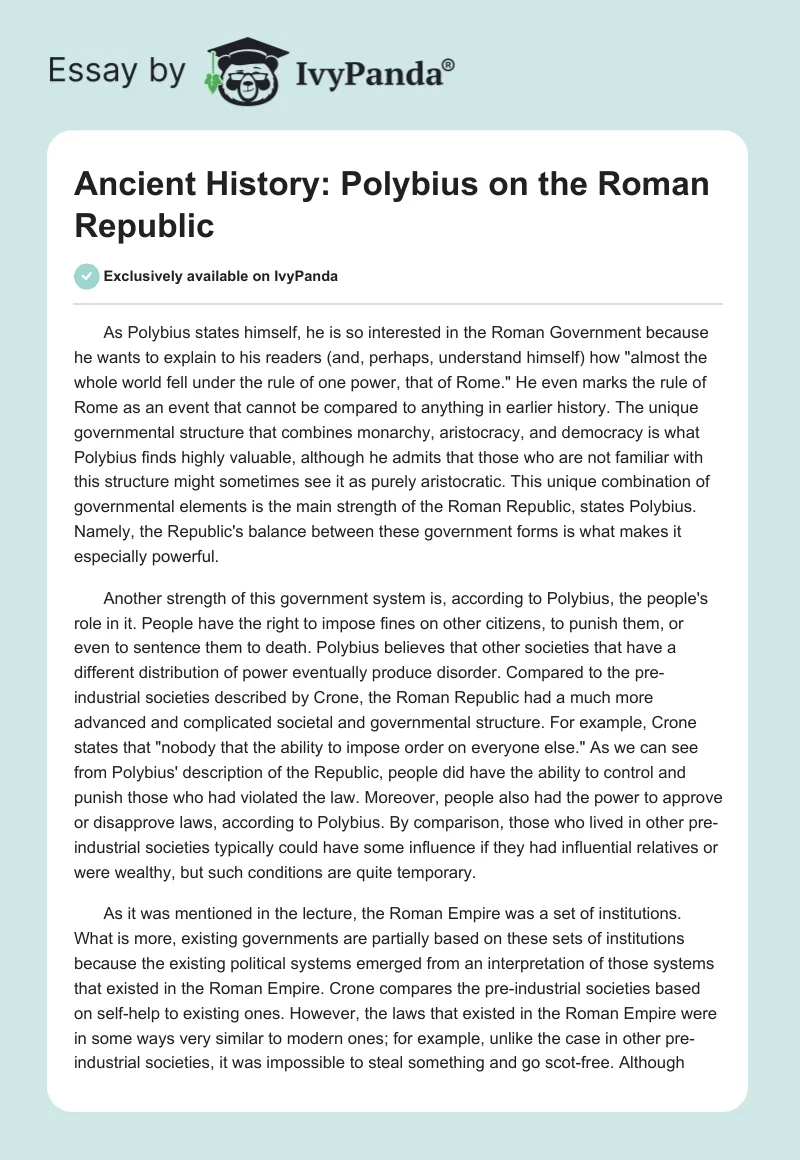 Ancient History: Polybius on the Roman Republic. Page 1