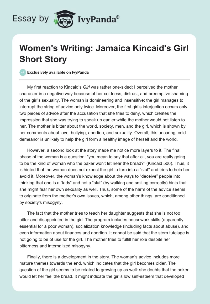 Women's Writing: Jamaica Kincaid's "Girl" Short Story. Page 1