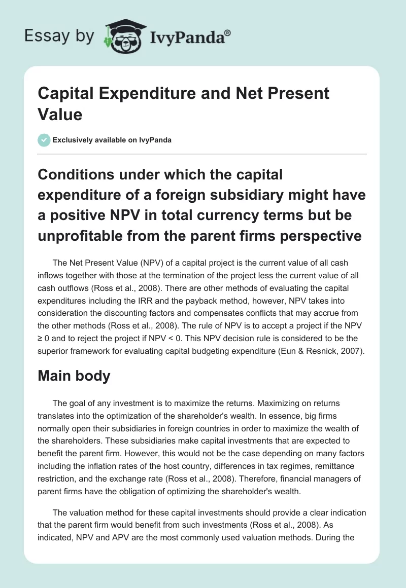 Capital Expenditure and Net Present Value. Page 1