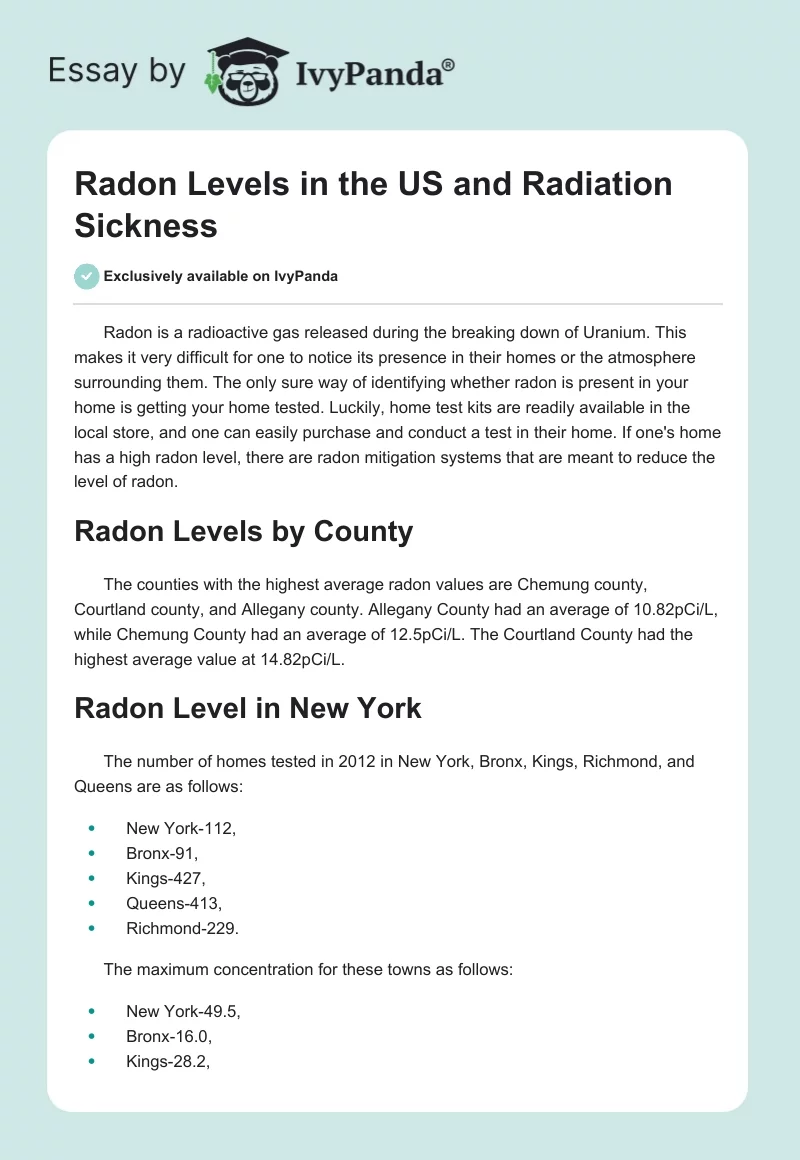 Radon Levels in the US and Radiation Sickness. Page 1