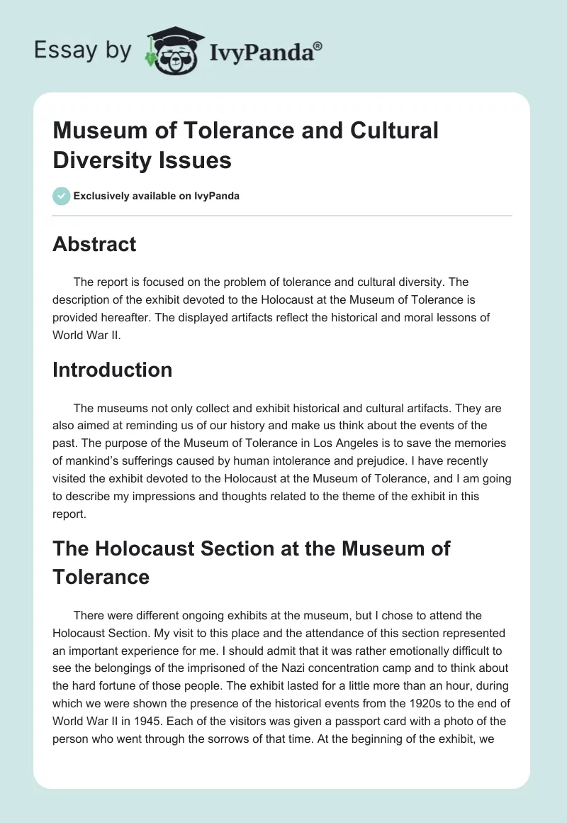 Museum of Tolerance and Cultural Diversity Issues. Page 1