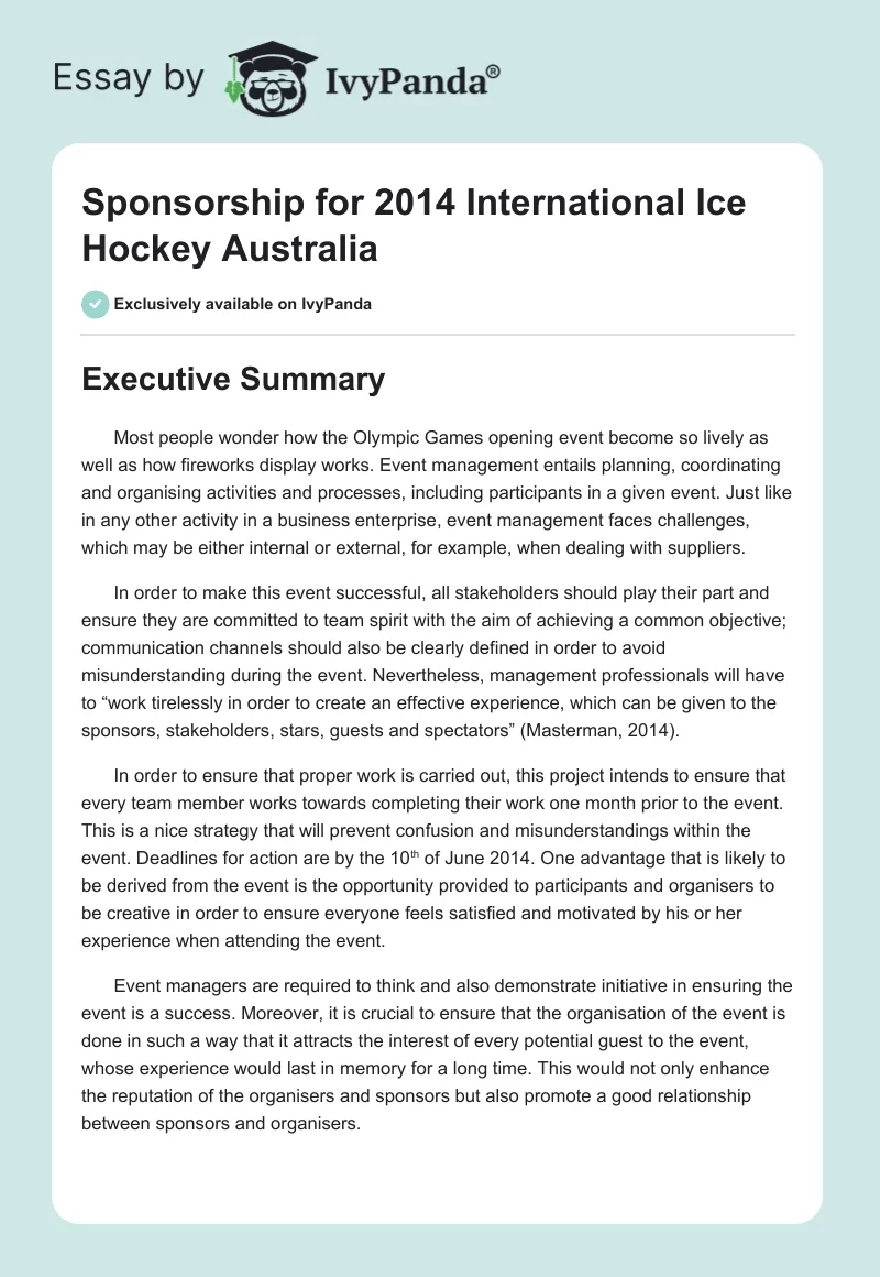 Sponsorship for 2014 International Ice Hockey Australia. Page 1