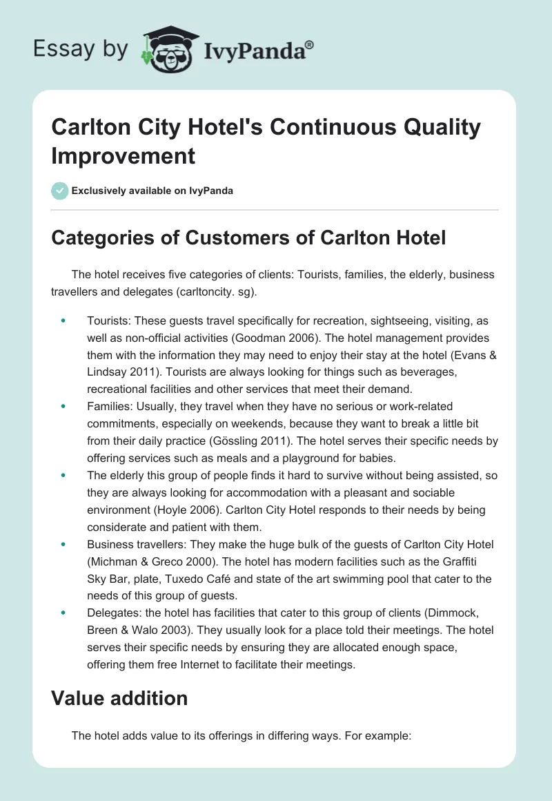 Carlton City Hotel's Continuous Quality Improvement. Page 1