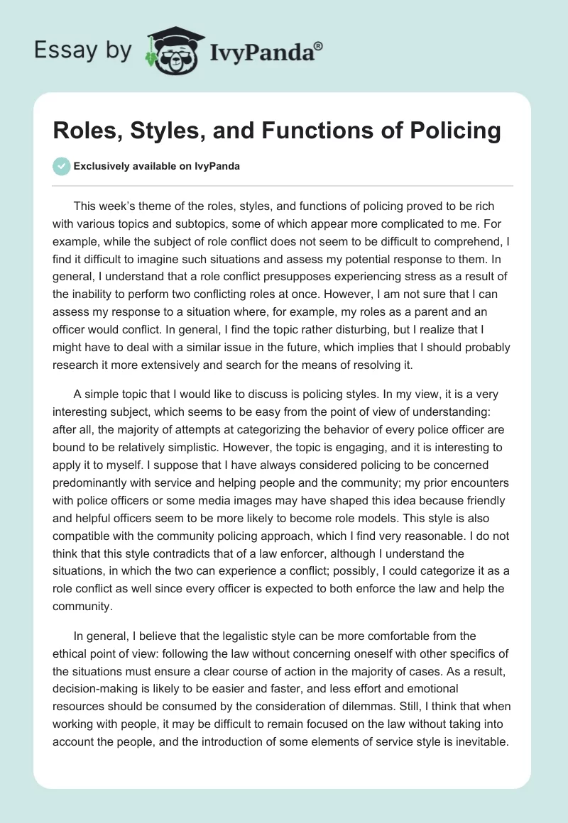 Roles, Styles, and Functions of Policing. Page 1