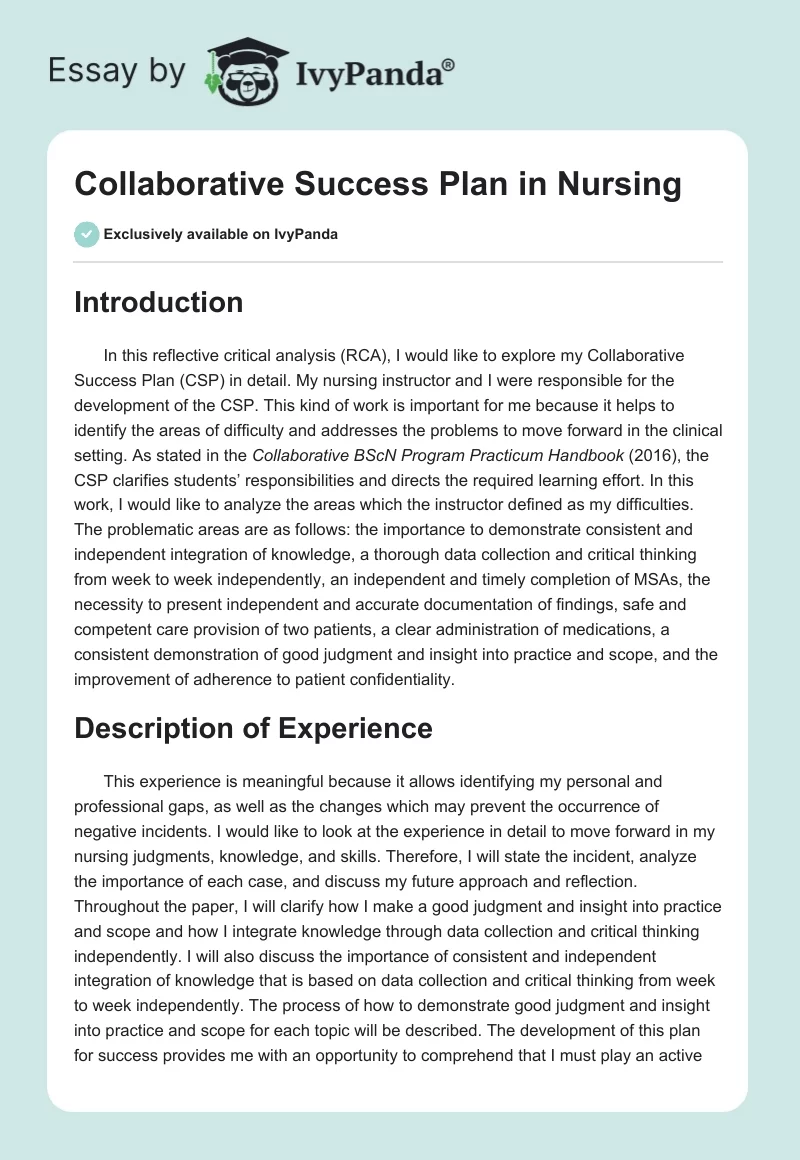 Collaborative Success Plan in Nursing. Page 1