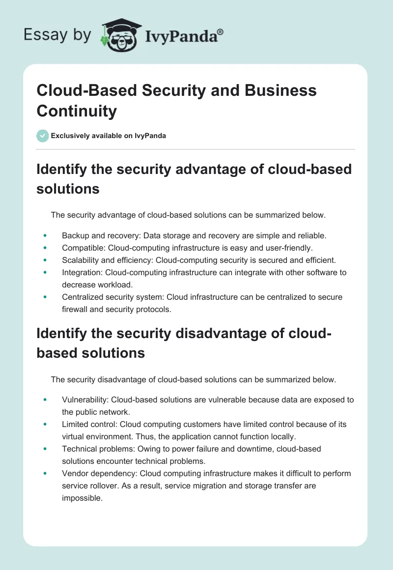Cloud-Based Security and Business Continuity. Page 1