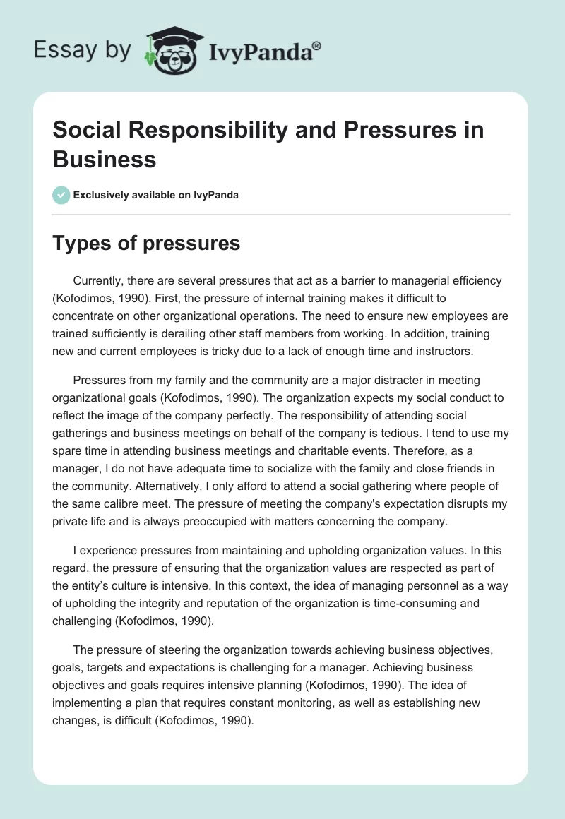 Social Responsibility and Pressures in Business. Page 1
