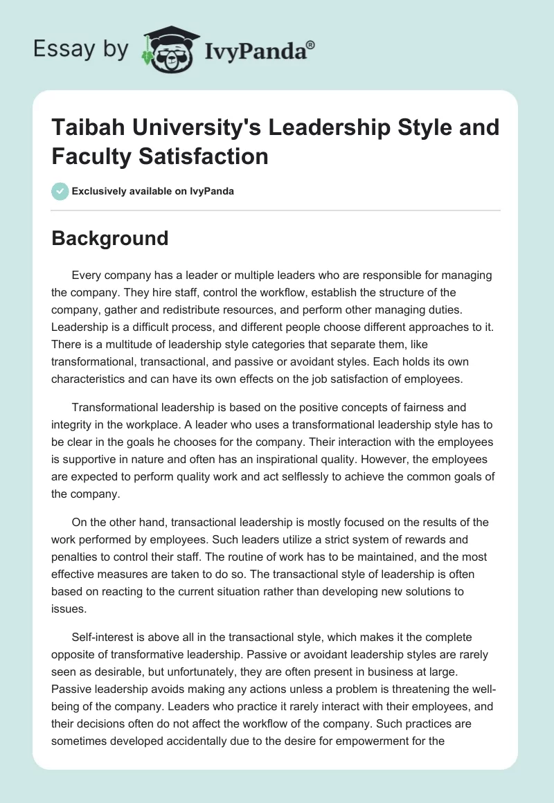 Taibah University's Leadership Style and Faculty Satisfaction. Page 1