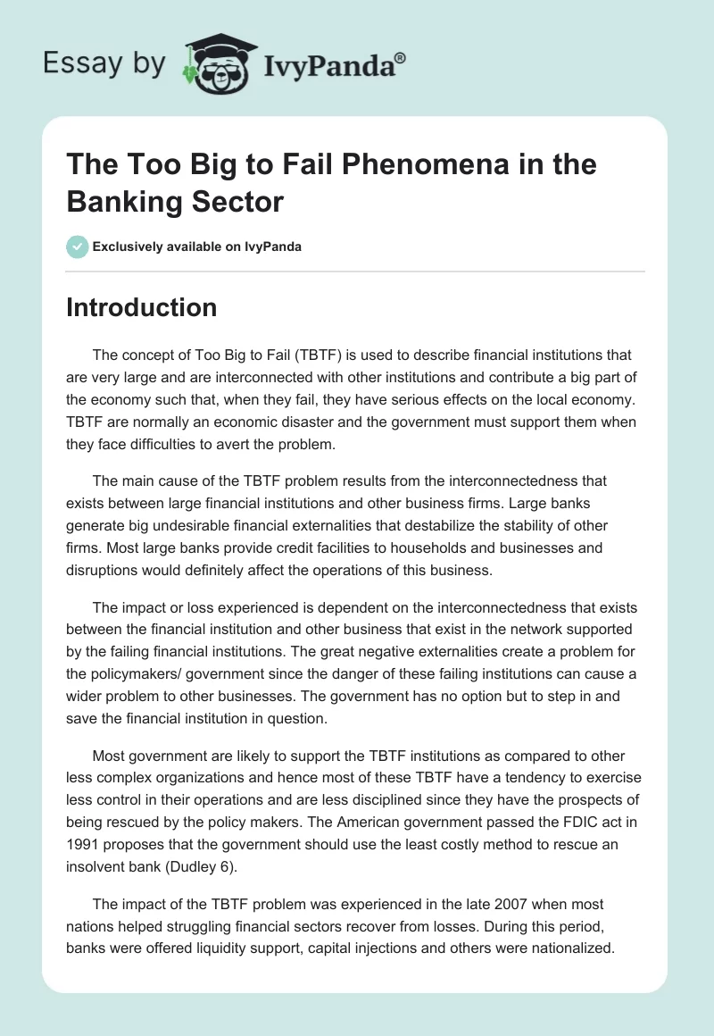 The Too Big to Fail Phenomena in the Banking Sector. Page 1