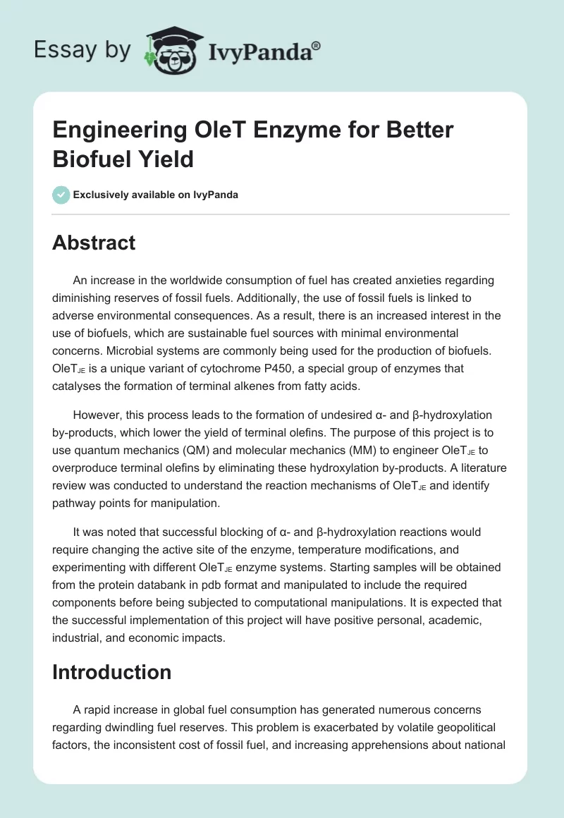Engineering OleT Enzyme for Better Biofuel Yield. Page 1