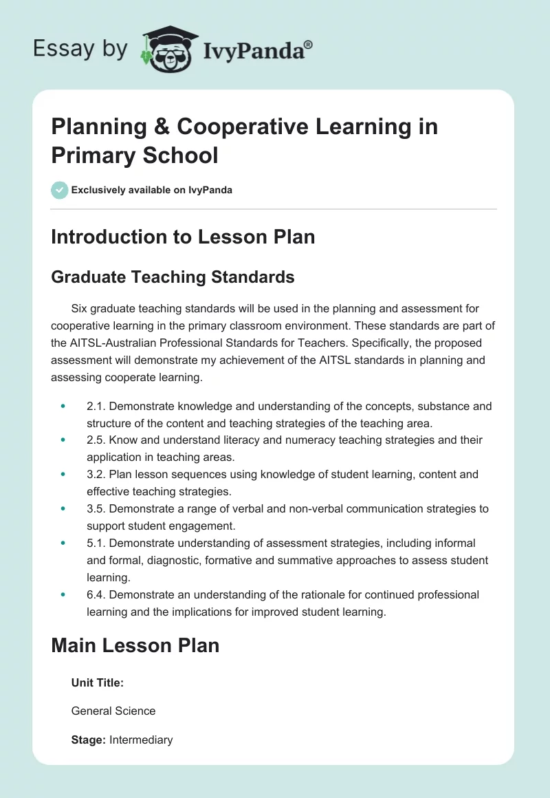 Planning & Cooperative Learning in Primary School. Page 1