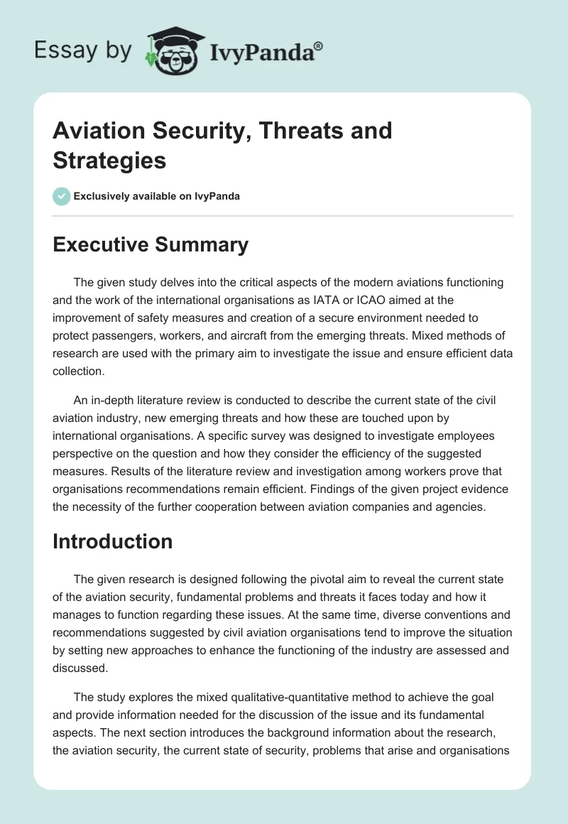 Aviation Security, Threats and Strategies. Page 1