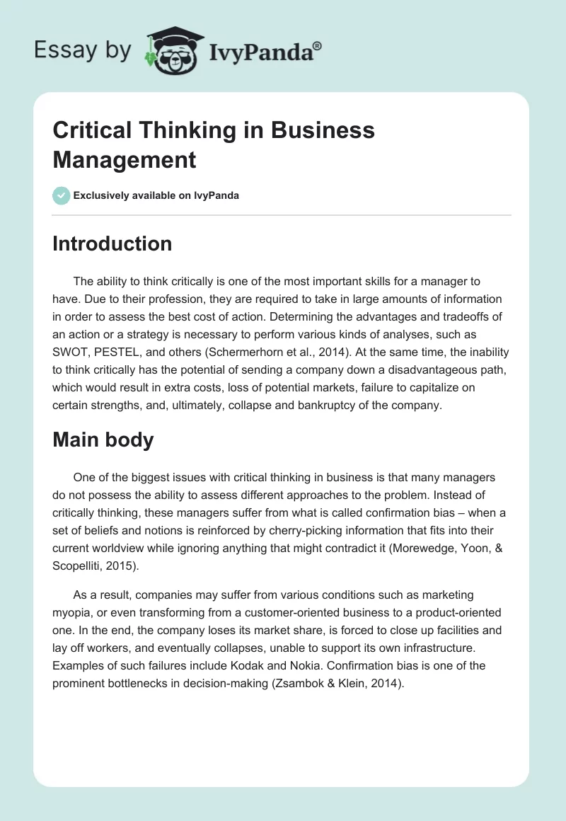 Critical Thinking in Business Management. Page 1