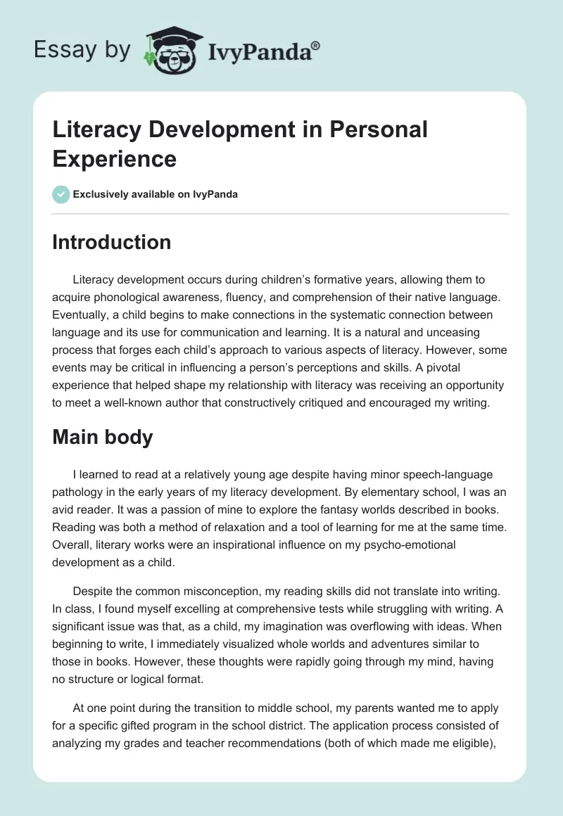 Literacy Development in Personal Experience. Page 1
