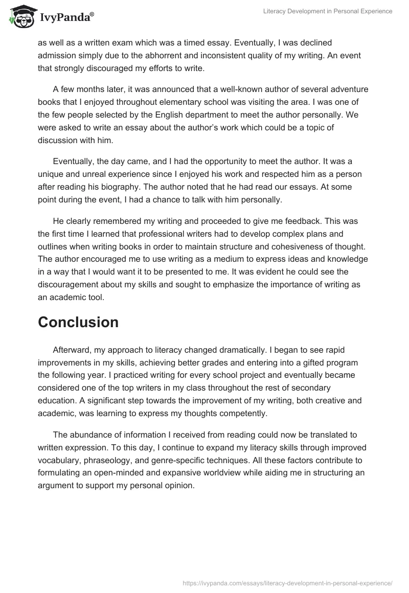 Literacy Development in Personal Experience. Page 2