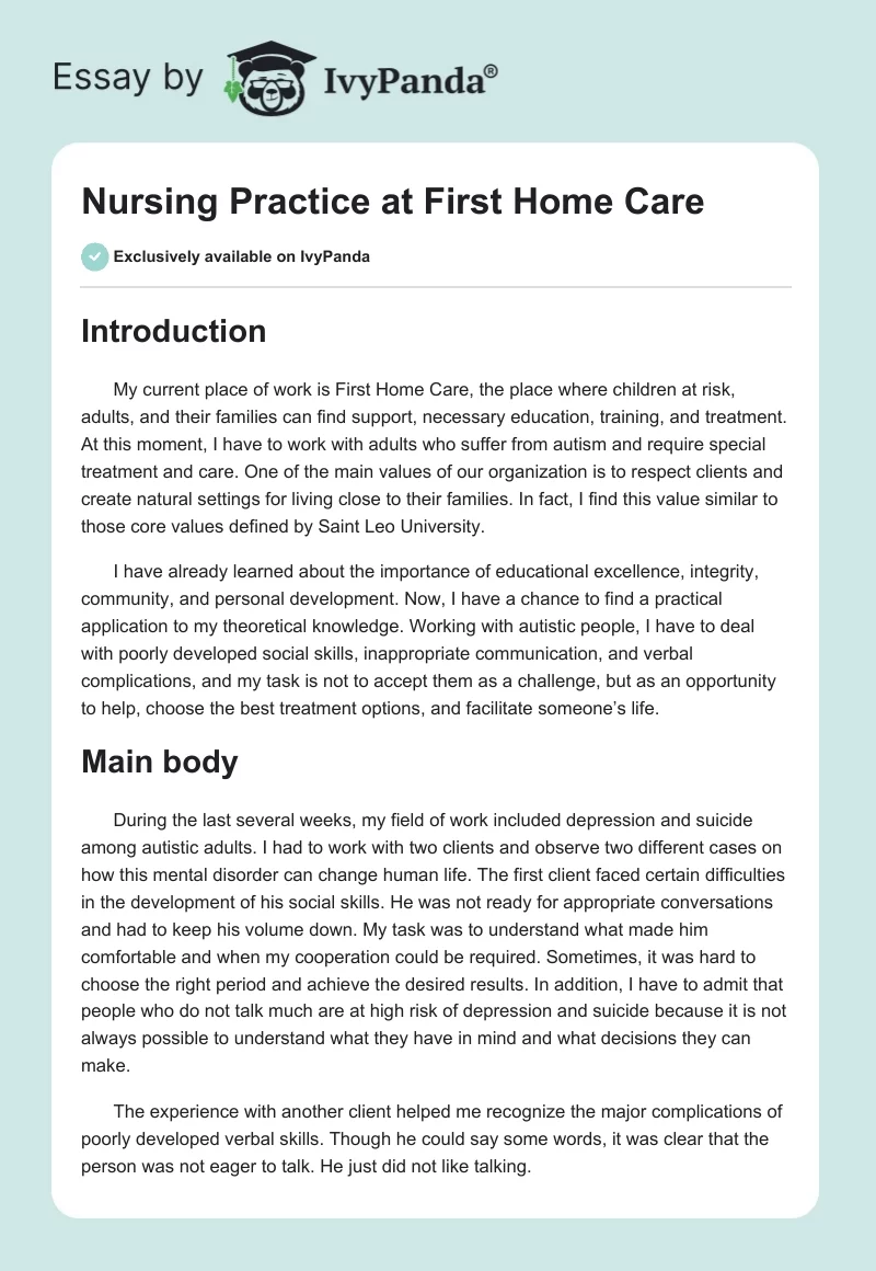 Nursing Practice at First Home Care. Page 1