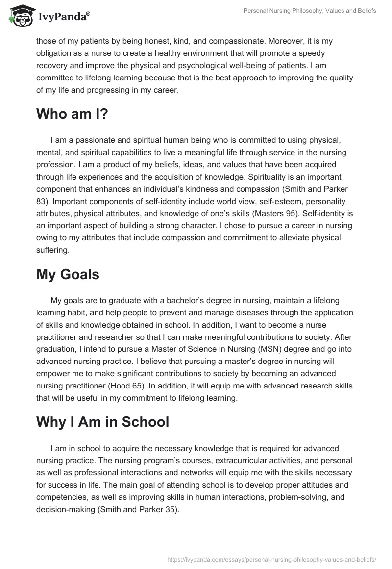 Personal Nursing Philosophy, Values and Beliefs. Page 2
