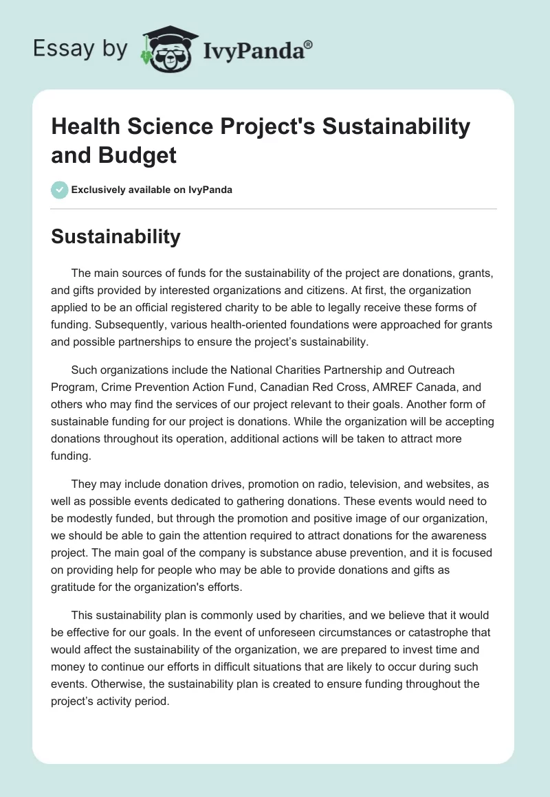 Health Science Project's Sustainability and Budget. Page 1