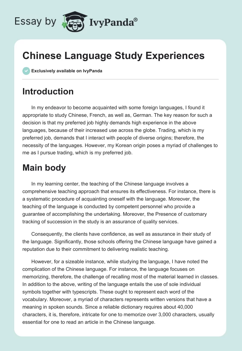 Chinese Language Study Experiences. Page 1