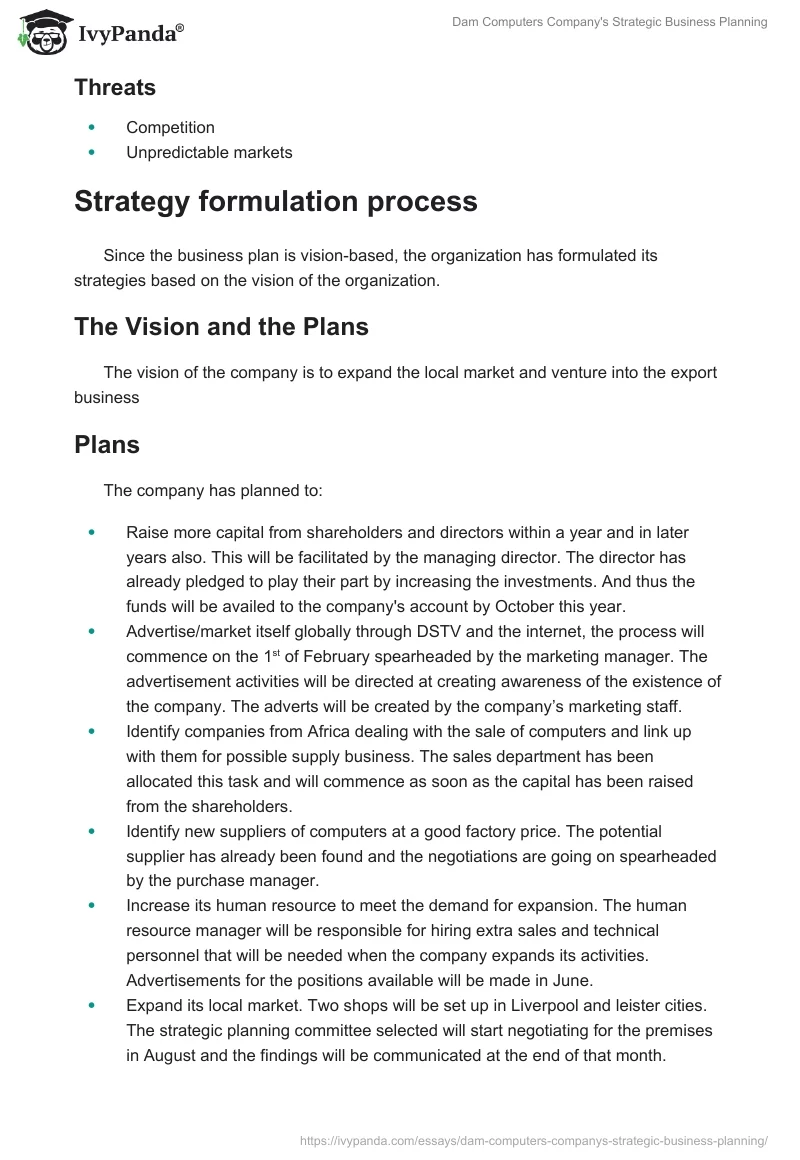Dam Computers Company's Strategic Business Planning. Page 5