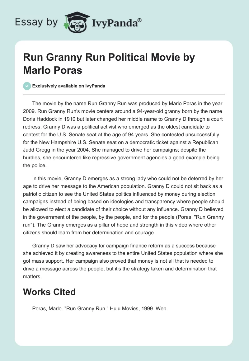 "Run Granny Run" Political Movie by Marlo Poras. Page 1