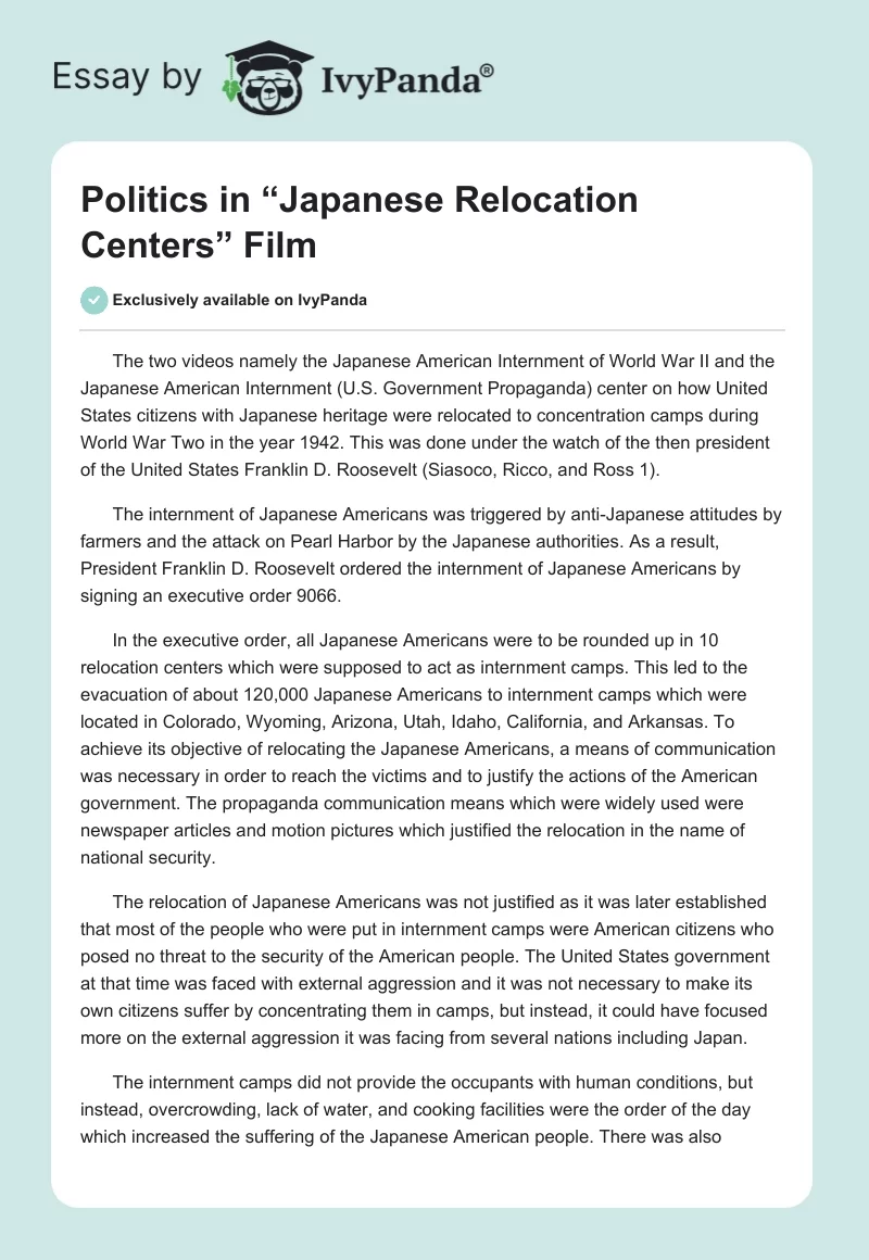 Politics in “Japanese Relocation Centers” Film. Page 1
