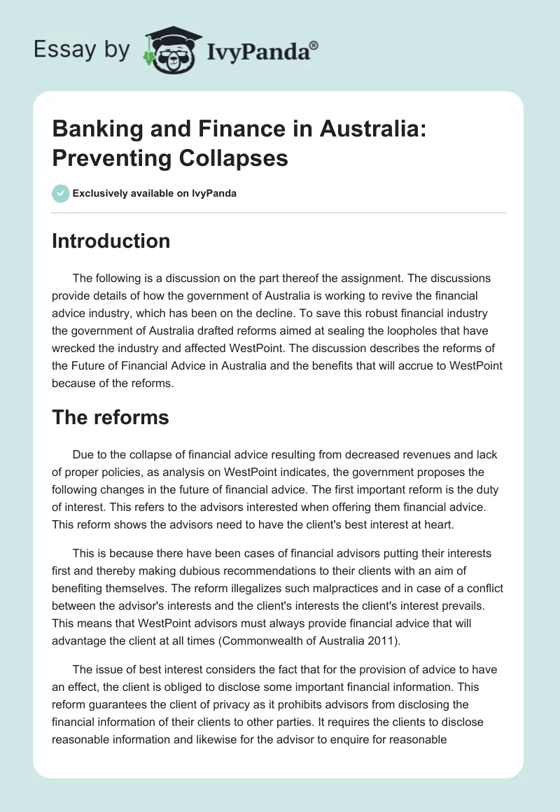 Banking and Finance in Australia: Preventing Collapses. Page 1