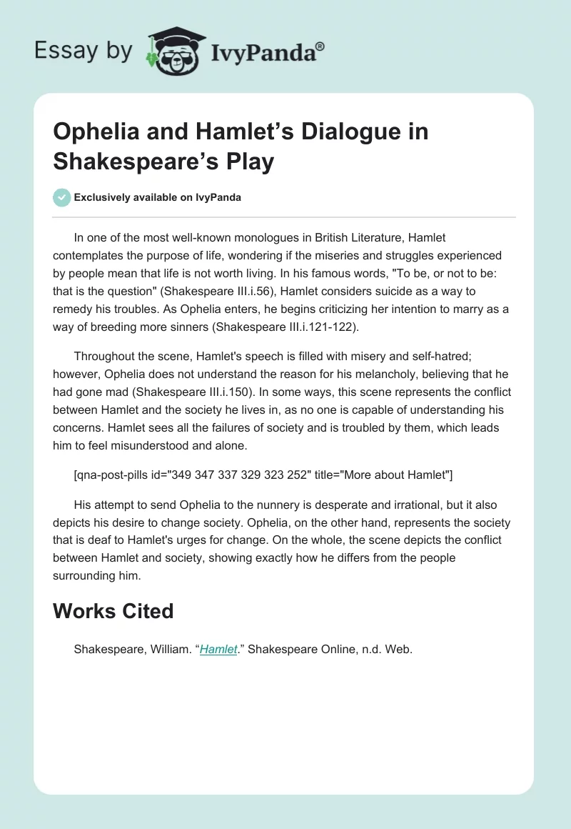 Ophelia and Hamlet’s Dialogue in Shakespeare’s Play. Page 1