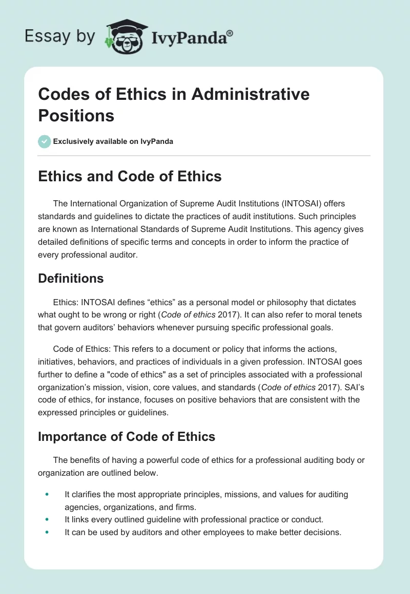 Codes of Ethics in Administrative Positions. Page 1