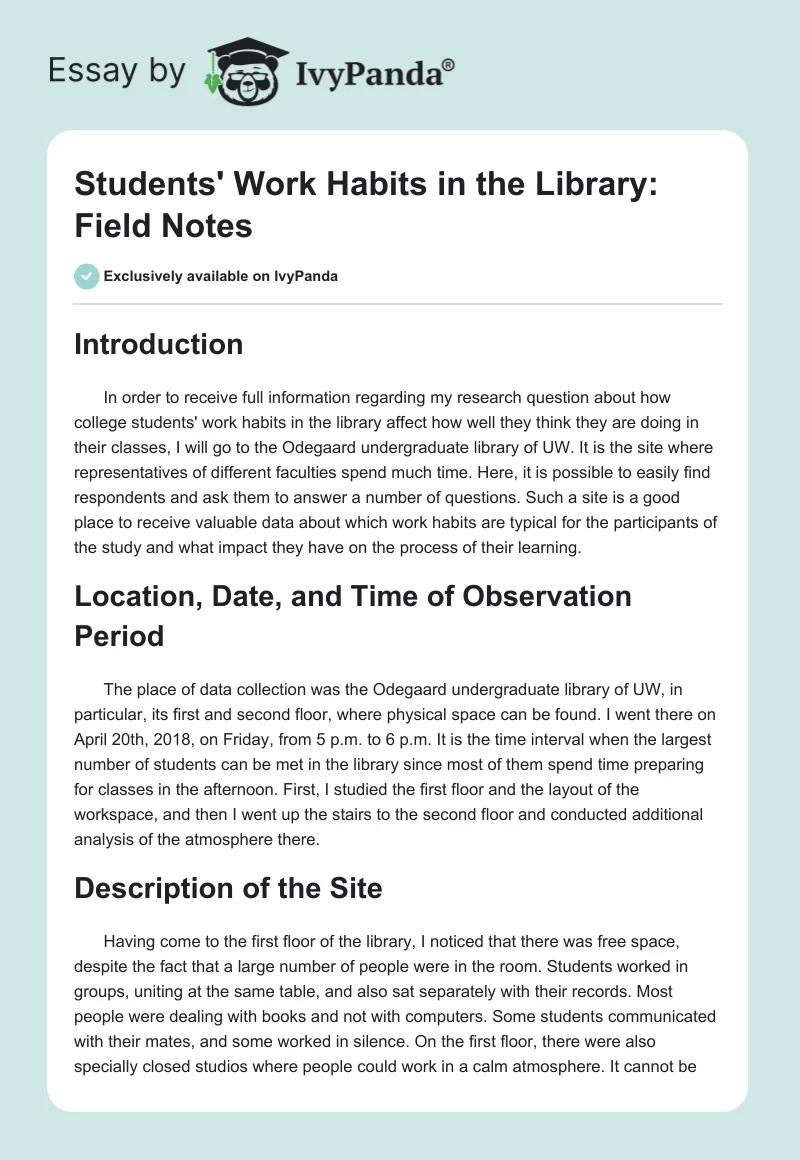 Students' Work Habits in the Library: Field Notes. Page 1
