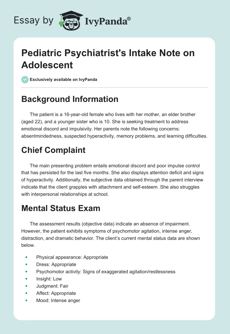 Pediatric Psychiatrist's Intake Note on Adolescent. Page 1