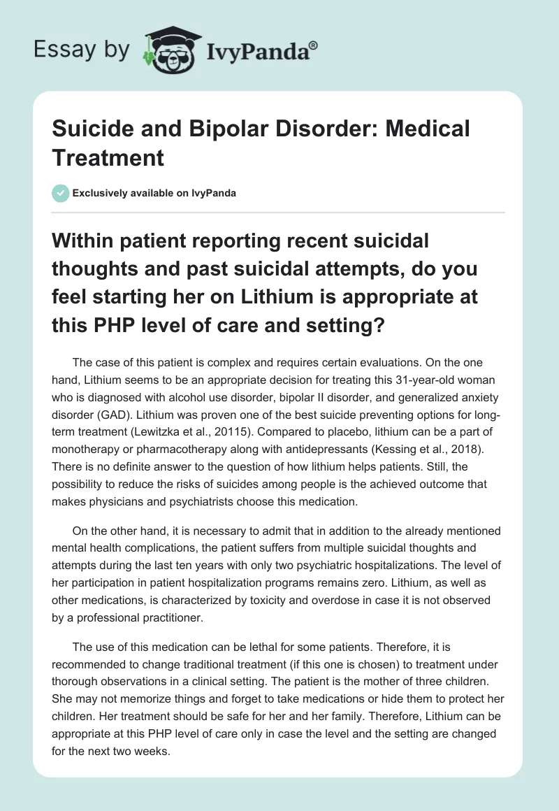 Suicide and Bipolar Disorder: Medical Treatment. Page 1