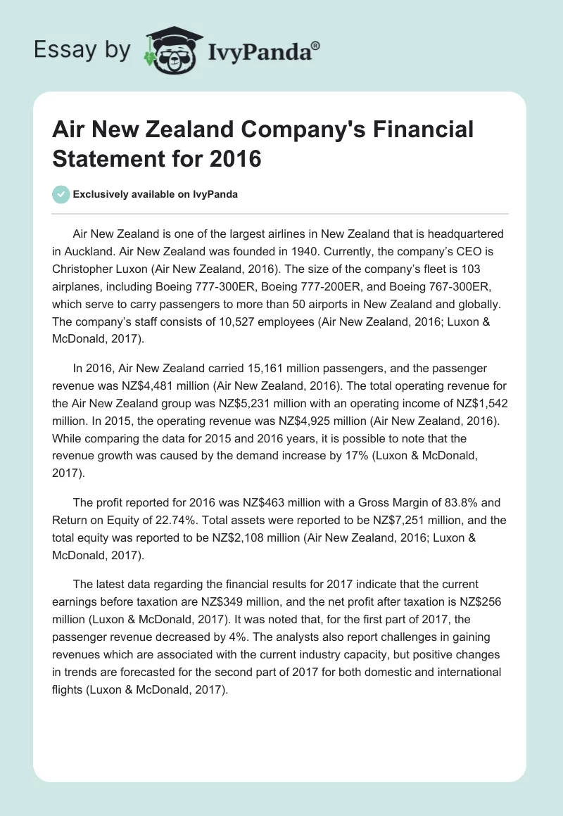 Air New Zealand Company's Financial Statement for 2016. Page 1