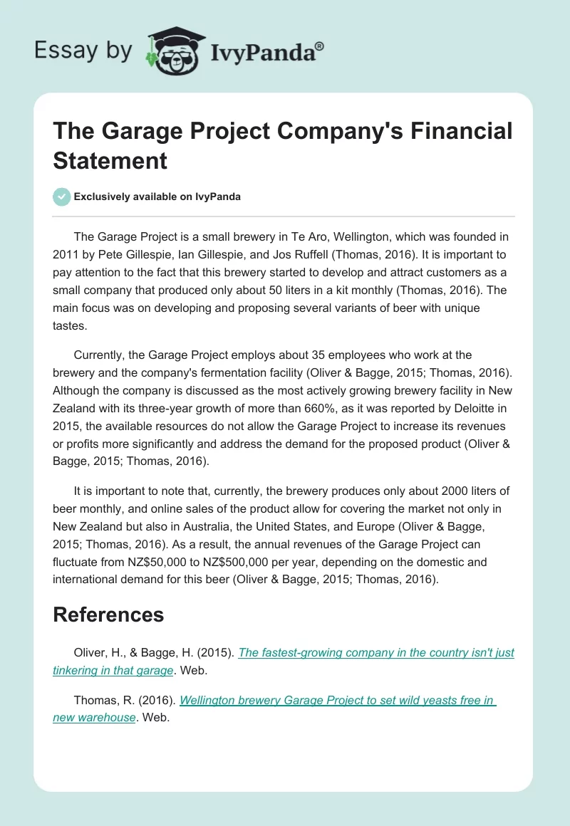 The Garage Project Company's Financial Statement. Page 1