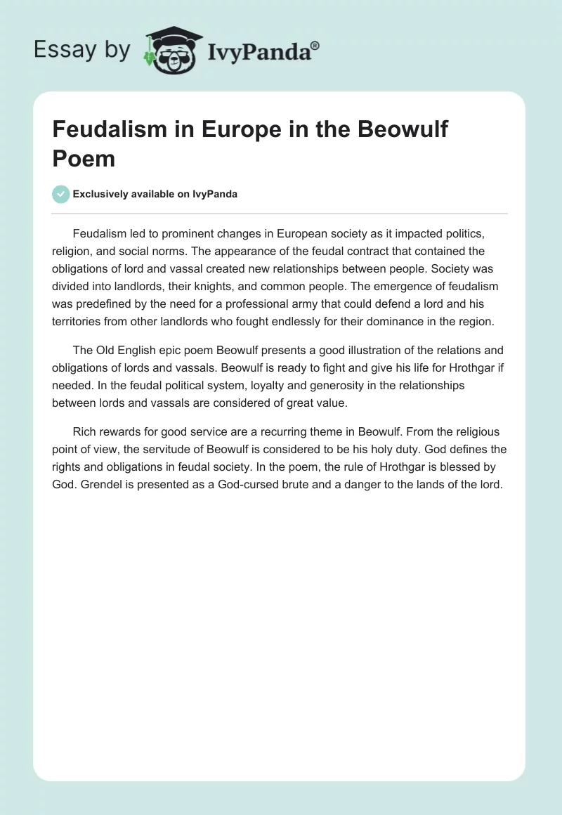 Feudalism in Europe in the "Beowulf" Poem. Page 1
