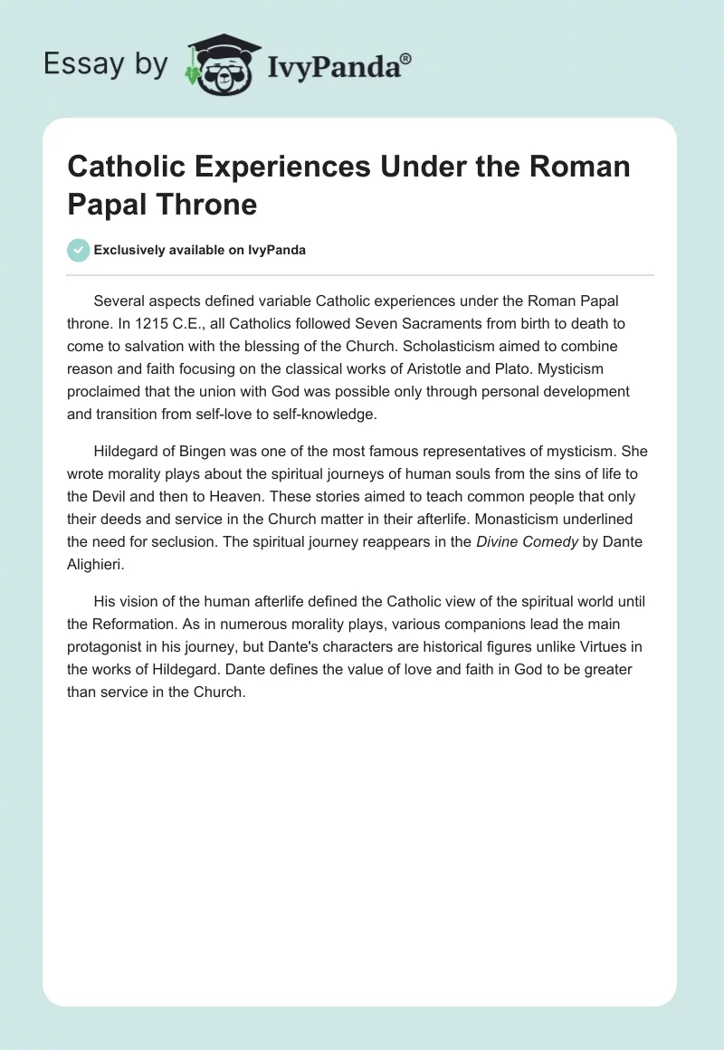 Catholic Experiences Under the Roman Papal Throne. Page 1