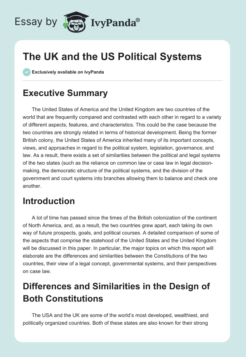 The UK and the US Political Systems. Page 1
