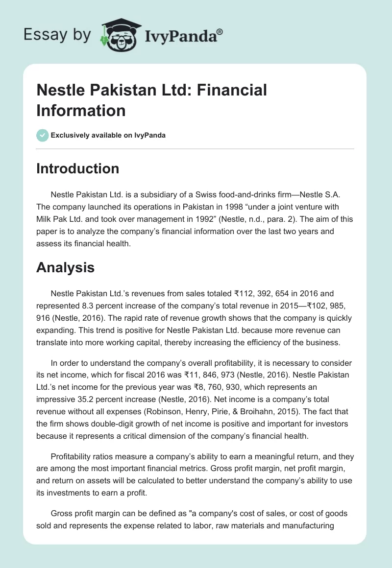 Nestle Pakistan Ltd: Financial Information. Page 1