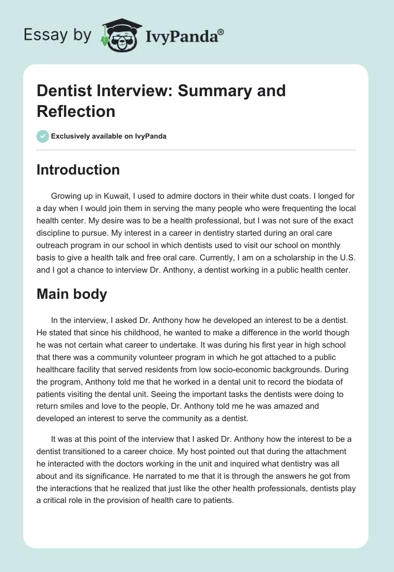 Dentist Interview: Summary and Reflection. Page 1