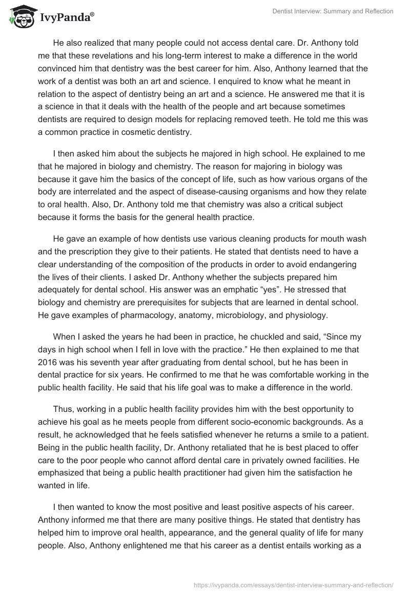 Dentist Interview: Summary and Reflection. Page 2