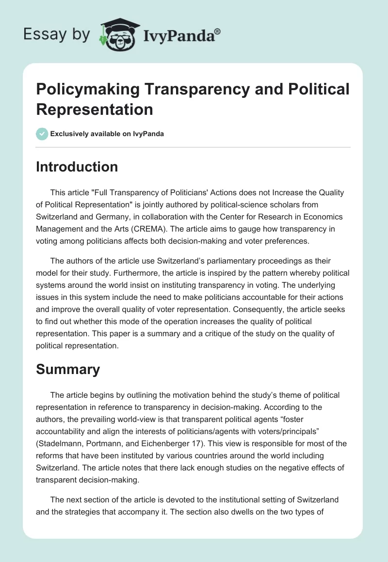 Policymaking Transparency and Political Representation. Page 1