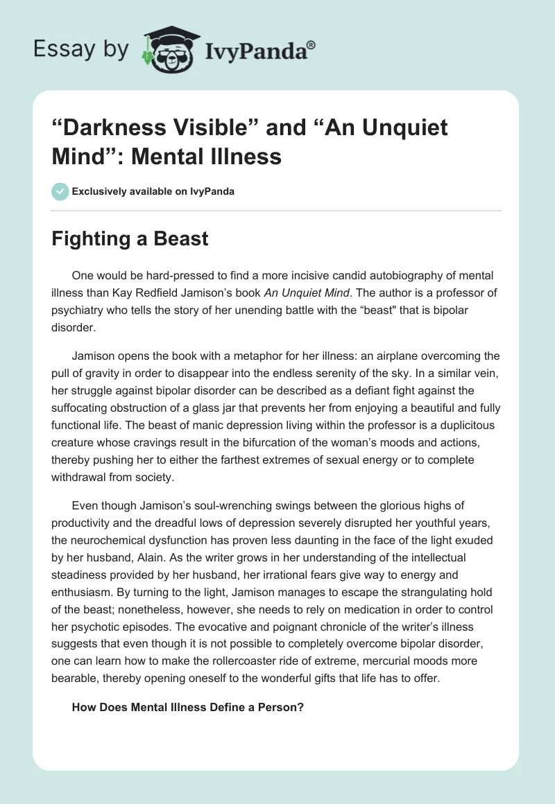 “Darkness Visible” and “An Unquiet Mind”: Mental Illness. Page 1