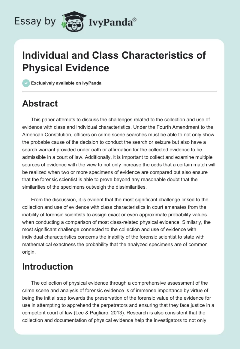 Individual and Class Characteristics of Physical Evidence. Page 1