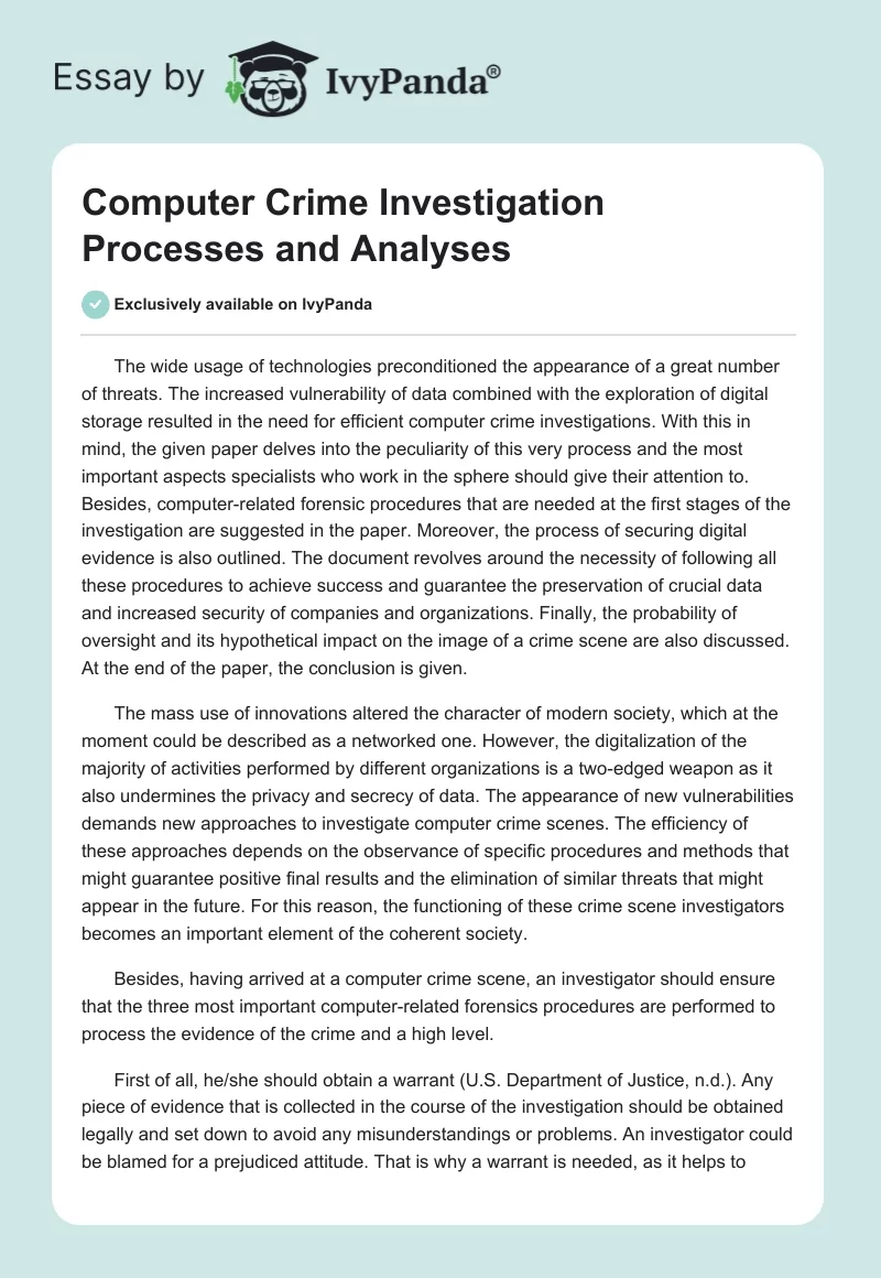 Computer Crime Investigation Processes and Analyses. Page 1