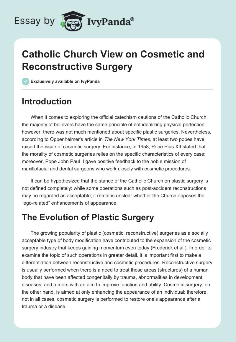 Catholic Church View on Cosmetic and Reconstructive Surgery. Page 1