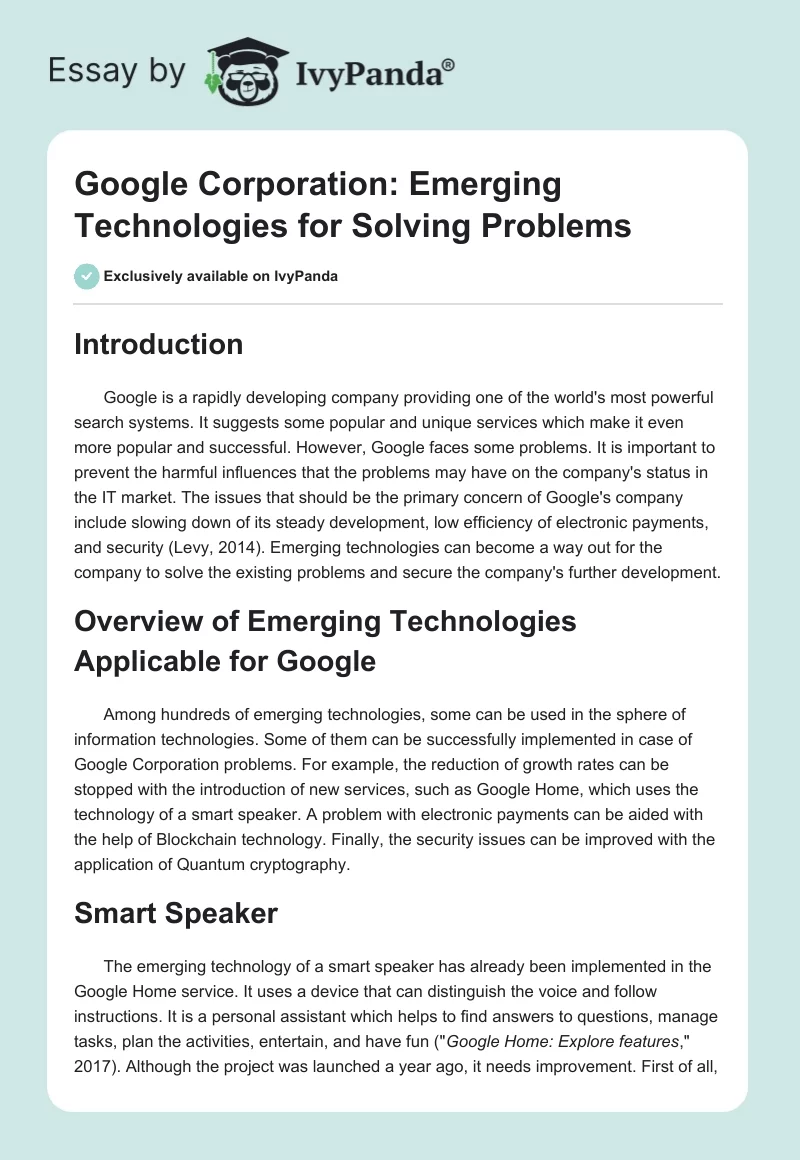 Google Corporation: Emerging Technologies for Solving Problems. Page 1